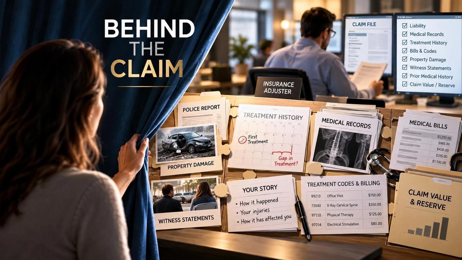 Insurance claim documents on desk with medical records, bills, and adjuster screen in office background.
