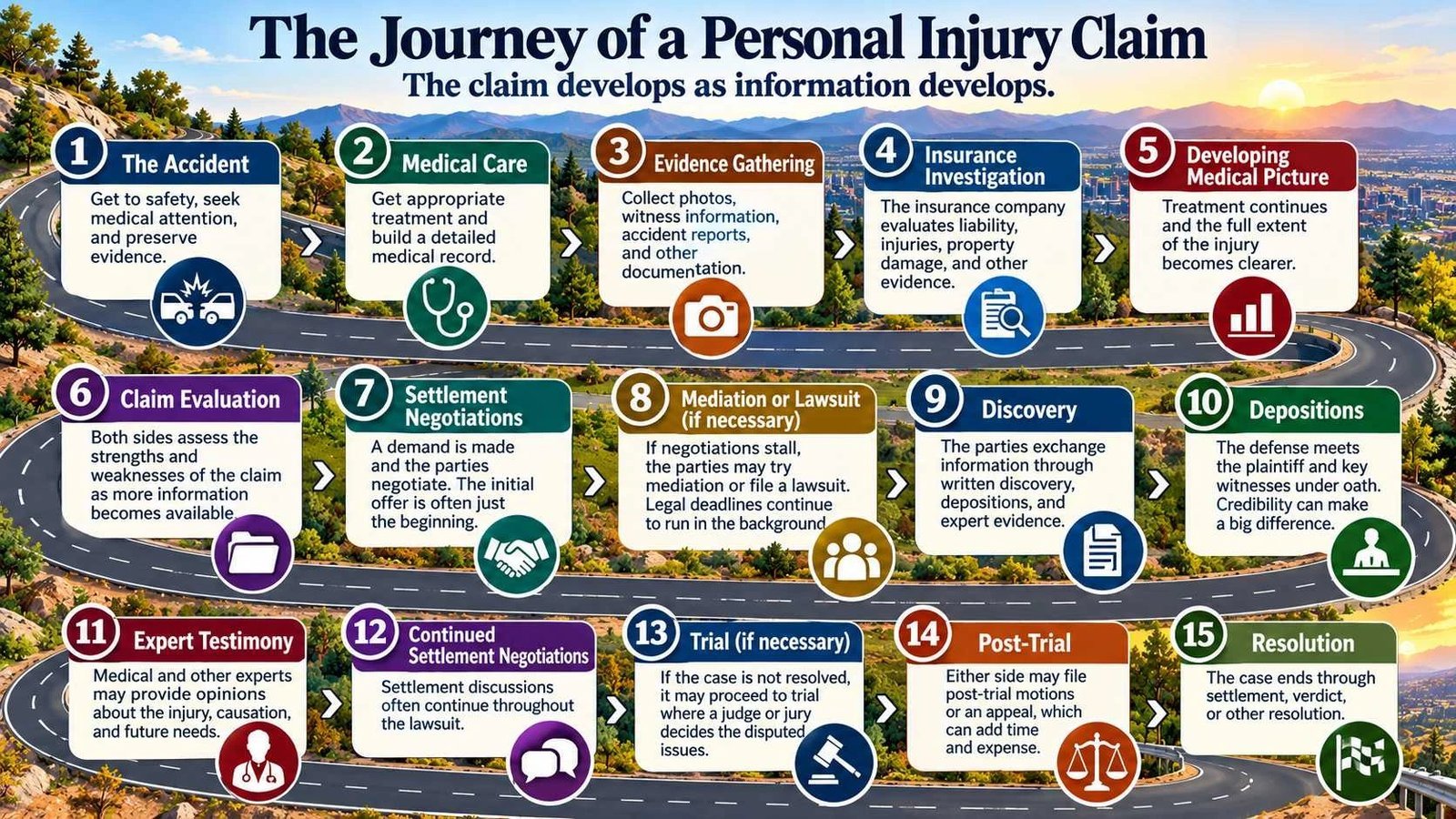 Roadside infographic shows steps of a personal injury claim with icons, text, and scenic sunset mountains.