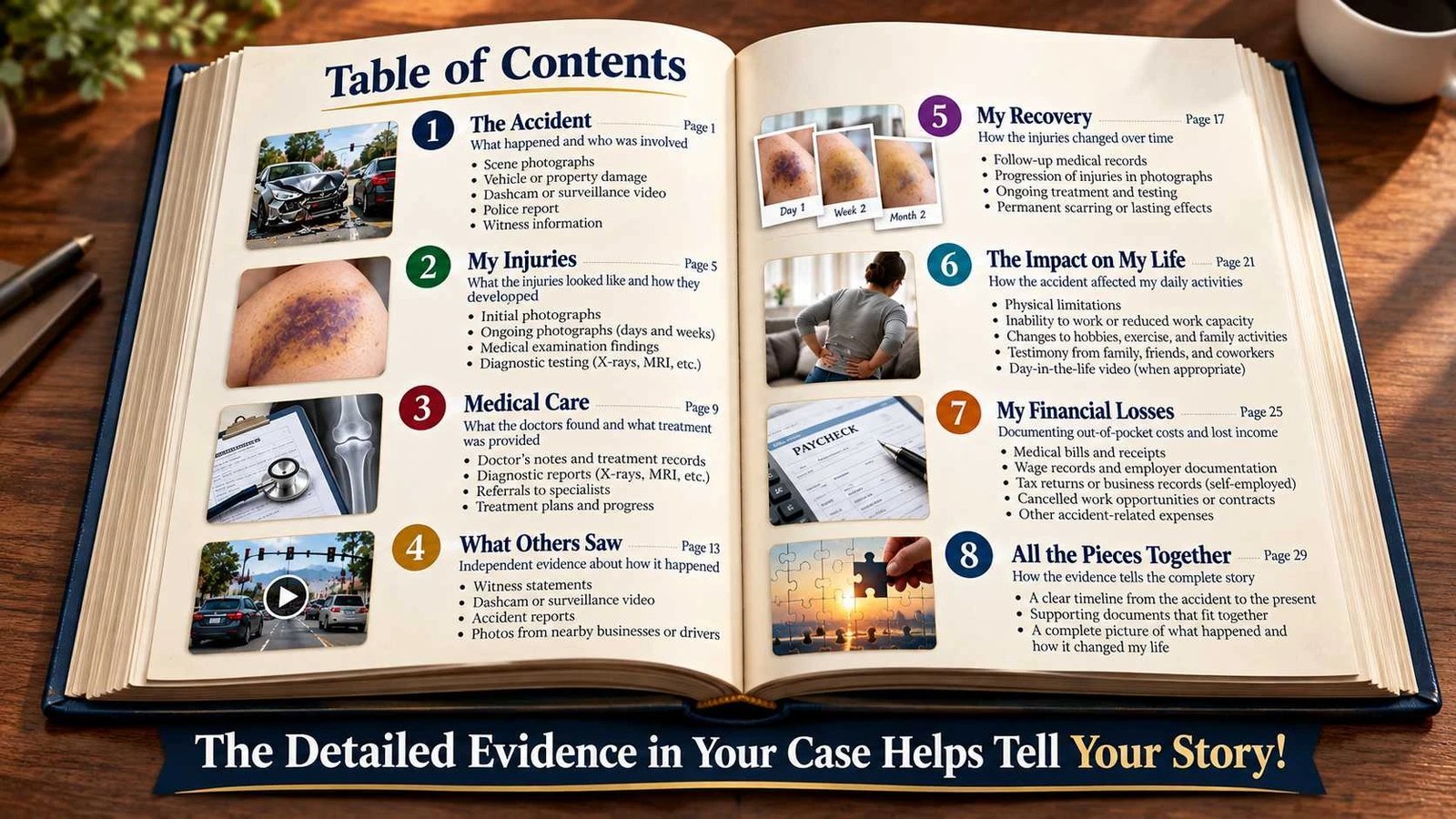 Open book titled Table of Contents with sections about accident, recovery, medical care, and financial losses.