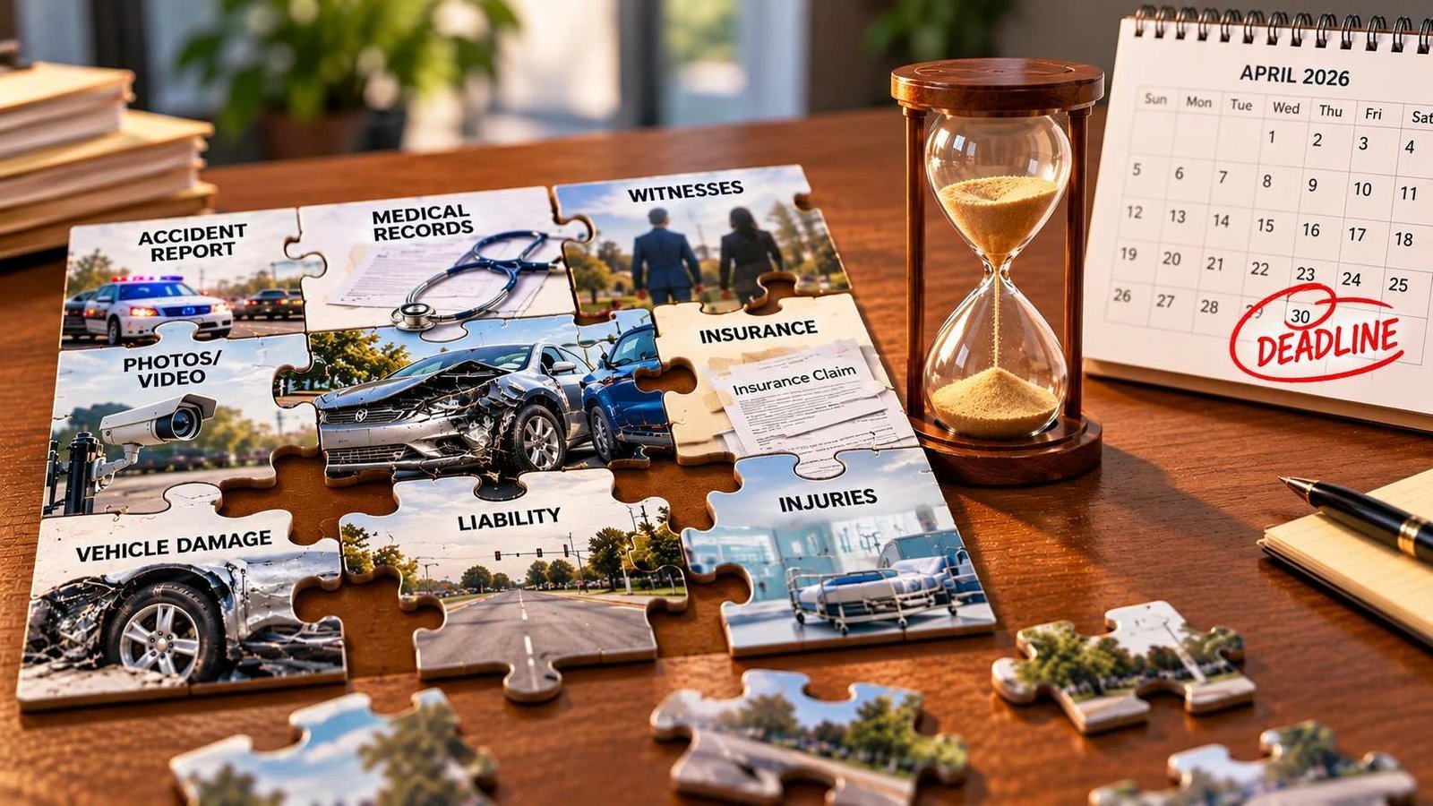 Jigsaw puzzle pieces show accident, medical, insurance documents on desk beside hourglass and April deadline calendar.