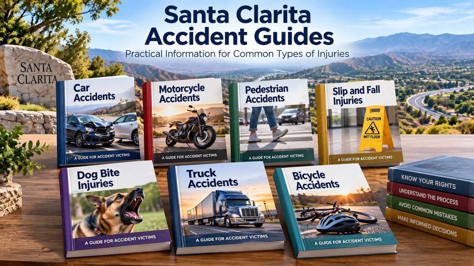 Books titled Car, Motorcycle, Pedestrian, Slip and Fall, Dog Bite, Truck, Bicycle accidents on a wooden table.